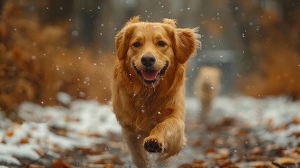 Happy dog running in winter forest. Animal concept