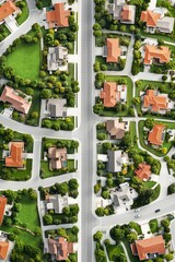 Aerial view of suburban neighborhood showcasing green lawns and