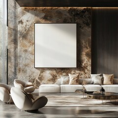 Luxury living room with a canvas frame mockup on a large accent wall with chic furniture and neutral tones