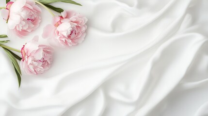 Obraz premium Flat Lay Banner Featuring a Bouquet of Pink Peonies on White Fabric: Spring Greeting Card Design with Copy Space for World Women's Day, Mother's Day, Valentine's Day, Birthday, and Wedding Concepts.