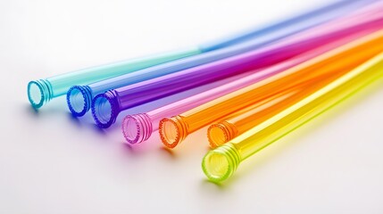 Bright colorful straws, vibrant reusable plastic straws in various colors arranged neatly, ideal for party themes or events.