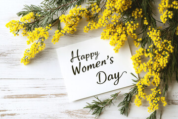 Naklejka premium Greeting card with text Happy Women's Day and mimosa flowers
