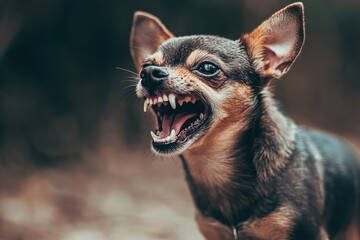 close up of an angry aggressive chihuahua dog growling and barking outside