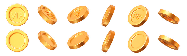 3d set golden Vip coins with different angles. Game UI icon. Stock vector illustration on white isolated background.	