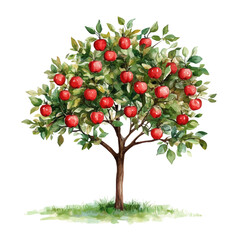 A watercolor vector painting of an Apple tree, isolated on a white background. Apple tree vector.


