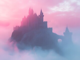 Misty Mountaintop Castle: A Dreamlike Gothic Silhouette at Sunset