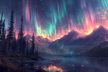 Vivid auroras illuminate the night sky over a tranquil lake surrounded by majestic mountains and dense forests