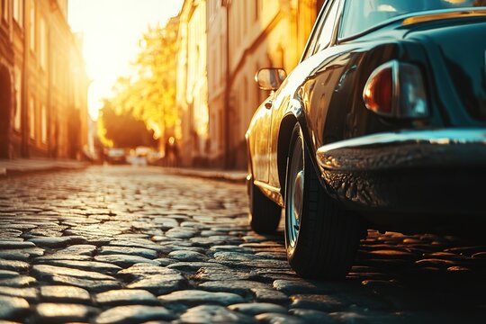 close-up car parked on a cobblestone historic street blurred background at sunset or sunrise