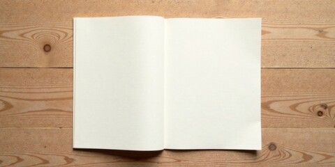 Blank pages of an open book resting on a light wood surface, ready for your ideas and notes.