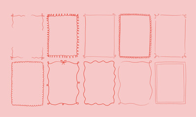 Set of hand drawn frames in coquette style, vector illustration. Cute borders for wedding invitation designs, menu or greeting cards. A4 whimsical style frames.