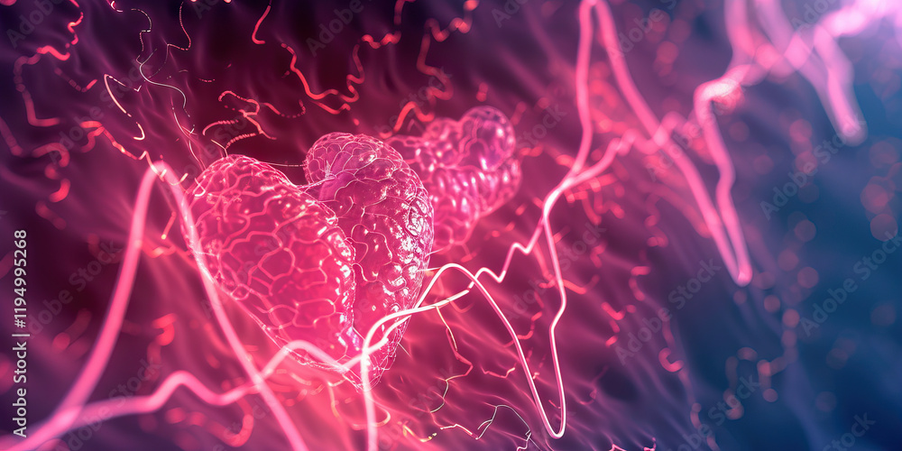 Poster abstract image of two heart-shaped structures with luminous lines