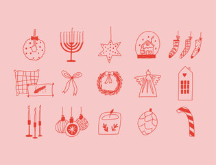 Set of Christmas decor elements in hand drawn doodle style, vector illustration. Concepts of winter holidays and decoration. Wreath, ornaments, stockings, candles, bows.