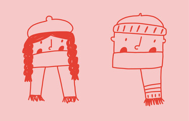 Cute characters of boy and girl in scarf and hat, hand drawn doodle style, vector illustration. Funny winter people, great for Christmas designs.
