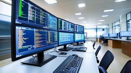 Modern Technology. Control Room With Multiple Monitors Showing Data Analysis In Empty Office Space.