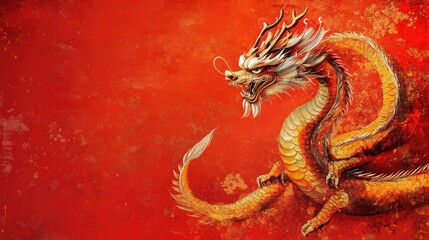 Obraz premium A majestic Chinese dragon zodiac illustration on a red background, symbolizing the Chinese New Year, with plenty of copy space for festive messages.