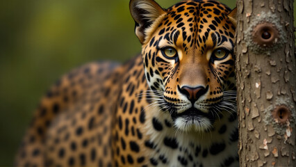 Obraz premium Majestic leopard resting by a tree in the lush rainforest during golden hour