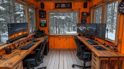 Winter Cabin Office Two computer setups in a rustic wooden cabin overlooking a snowy forest. Ideal for remote work, gaming, or technology articles