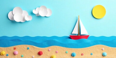 Naklejka premium Paper craft sailboat on a blue ocean with sandy beach and decorative elements