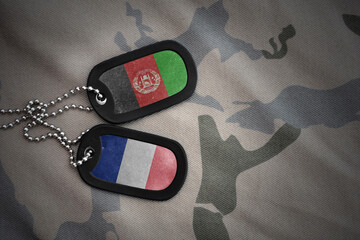 vintage army blank, dog tag with flag of afghanistan and france on the khaki texture background....