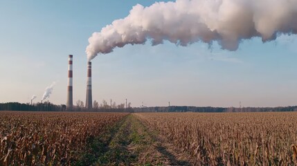 A landscape featuring smokestacks releasing steam, with a field of corn in the foreground under a clear sky, highlighting industry and agriculture.