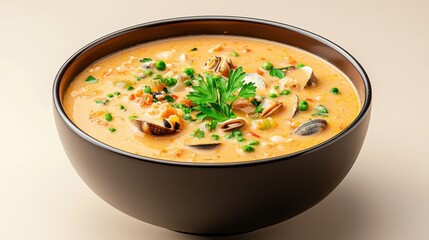 A bowl of soup with peas and carrots