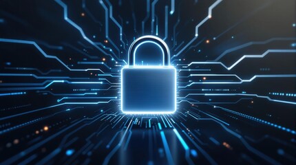 Futuristic blue glowing padlock icon in digital space. Represents cybersecurity, data protection, and online security. Perfect for tech websites, presentations, and articles