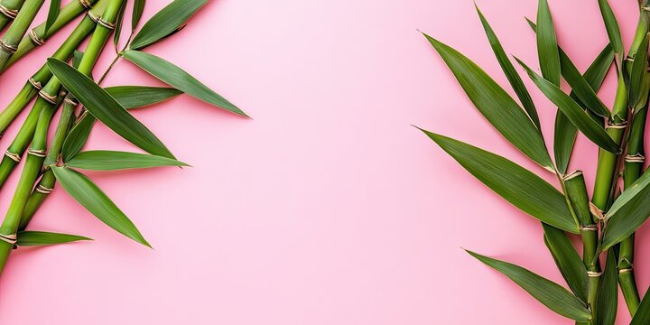 Bamboo stems and vibrant green leaves arranged diagonally on a soft pink background creating a fresh natural frame for copyspace.