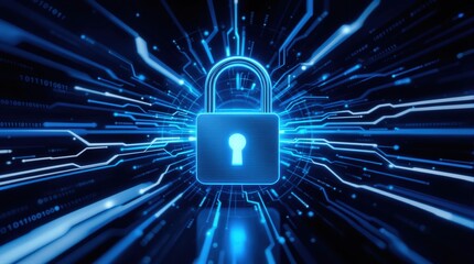 Futuristic blue glowing padlock icon in digital space. Represents cybersecurity, data protection, and online security. Perfect for tech websites, presentations, and articles