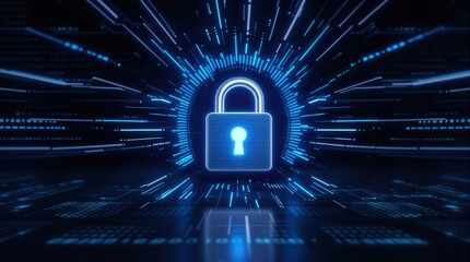 Futuristic blue glowing padlock icon in digital space. Represents cybersecurity, data protection, and online security. Perfect for tech websites, presentations, and articles