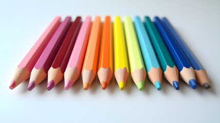 Assorted colorful pencils arranged neatly, vibrant shades in a row, creative workspace accent, ideal for artistic projects.