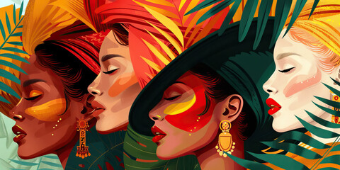 Fototapeta premium Stylized Portrait of Four Women with Tropical Foliage