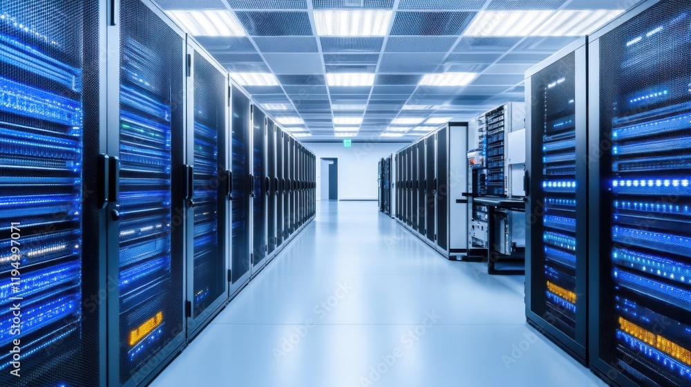 Poster modern data center interior with rows of high-tech servers illuminated by led lights and clean aisle