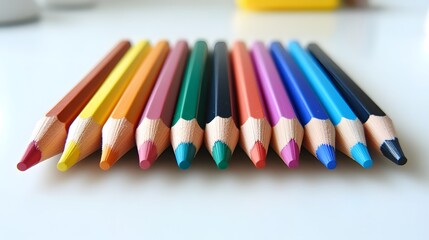 Fototapeta premium Vibrant colored pencils arranged neatly, essential tools for creativity, suitable for art projects and education activities.