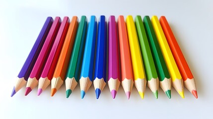 Vibrant colored pencils arranged in a row, bright colors on a white background, ideal for art projects and creative designs.