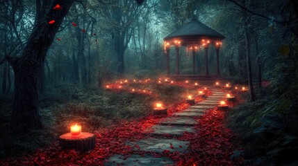 A peaceful and enchanting path lined with red rose petals and glowing candles, leading to a tranquil gazebo hidden in the depths of a mystical forest.