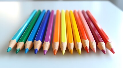 Fototapeta premium Colorful drawing pencils arranged in a neat line, vibrant shades, perfect for art projects or educational settings.