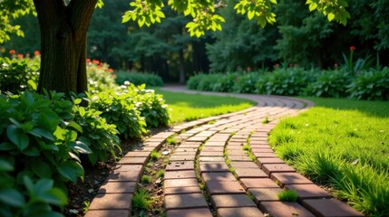 Obraz premium Serene Brick Pathway Winding Through Lush Greenery in a Tranquil Garden Setting