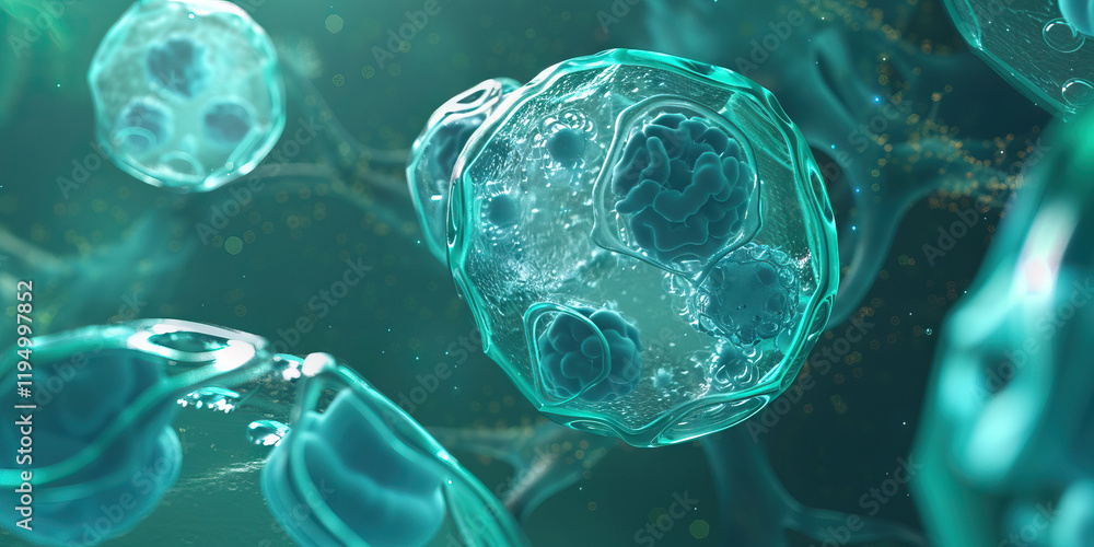 Poster microscopic render of multiple cells with internal organelles