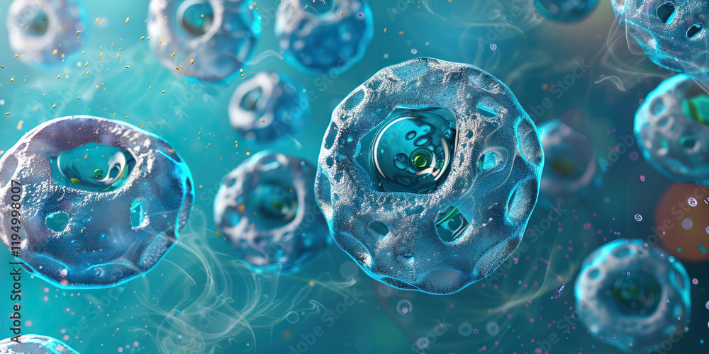 Poster digital rendering of multiple irregularly shaped cells in a blue-green environment