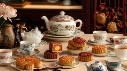 A festive table set for the Mid-Autumn Festival, with an array of mooncakes placed alongside cups of Chinese tea
