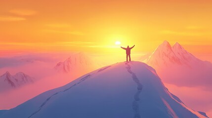 Triumphant Silhouette: A lone figure stands on a mountain peak, arms raised in victory as the sun sets behind them, casting a breathtaking, colorful sky.
