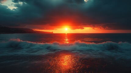 Fiery Sunset Over the Ocean Waves