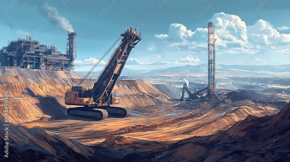 Aufkleber A powerful coal mining scene with heavy machinery like excavators in action, digging through layers of earth, showcasing the energy industry at work.