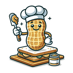 cartoon peanut with chef hat proudly presents peanut butter sandwiches
