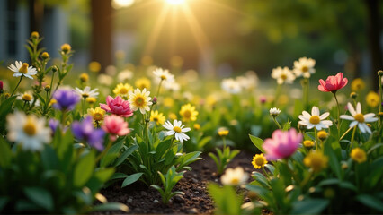 Colorful flowers bloom in a vibrant garden at sunset, showcasing nature's beauty and tranquility in a serene setting