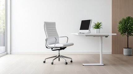 Fototapeta premium Modern Minimalist Office Setup with Ergonomic Chair and Computer in Bright Space