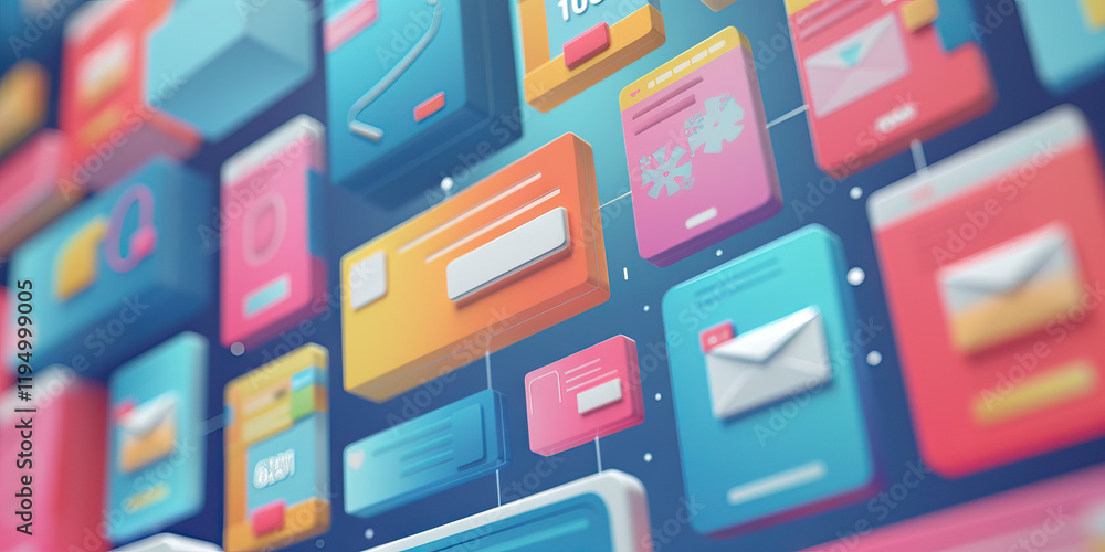 Poster isometric illustration of interconnected web interface elements