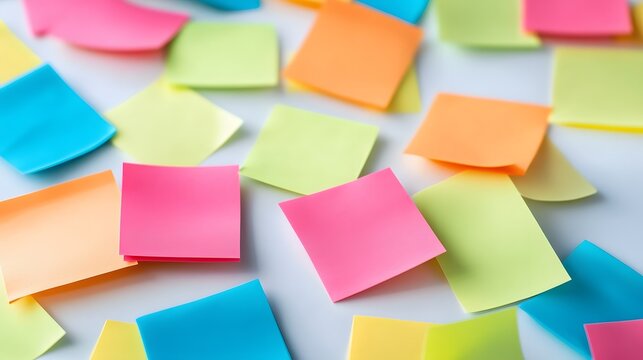Colorful sticky notes scattered on a desk, vibrant reminders for tasks, ideal for brainstorming and organization.