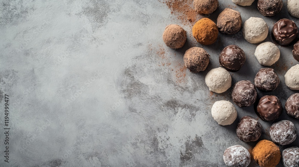 Poster a cluster of assorted chocolate truffles scattered artistically on a clean surface, ideal for food-r