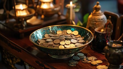 Naklejka premium A richly decorated table with a decorative bowl filled with coins, exuding a sense of wealth, abundance, and prosperity.